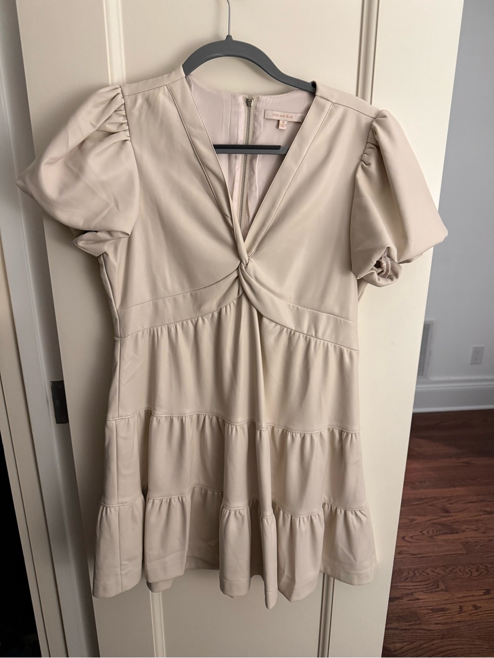 Skies Are Blue Cream Puff-Sleeve Twist-Front Tiered Mini Dress